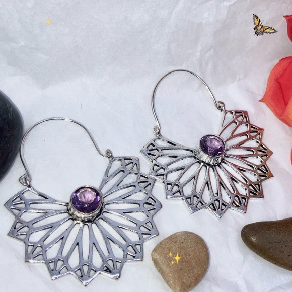 Elegant Amethyst Gemstone Handmade Winged Goddess Earrings - Picture 3 of 3